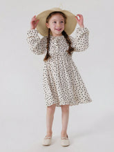Young Girl's Sweet & Amusing Polka Dot Dress With Bow & Lace Neckline, Long Sleeve, Spring